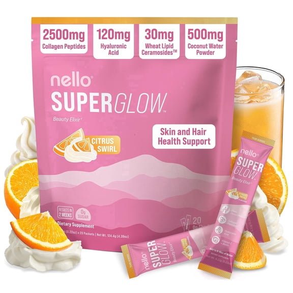 Nello Superglow Powdered Drink Mix, Skin Hydration, Glow & Hair Support, Collagen Peptides, Hyaluronic Acid, Ceramosides, Biotin & Vitamin C, 20 Stick Packs (Citrus Swirl)