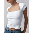 thumbnail image 2 of Cenuakty Women's Summer Slim Crop Tops Short Sleeve Lace Trim Square Neck Short T-shirt Tops, 2 of 7