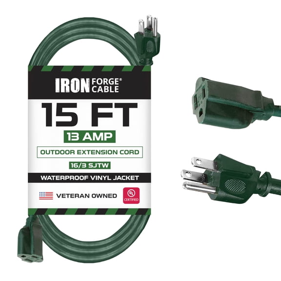 Iron Forge Cable Weatherproof 15 Ft Outdoor Extension Cord - 16/3 SJTW Heavy Duty Green Extension Cord 3 Prong - 13 Amp Exterior Power Cable