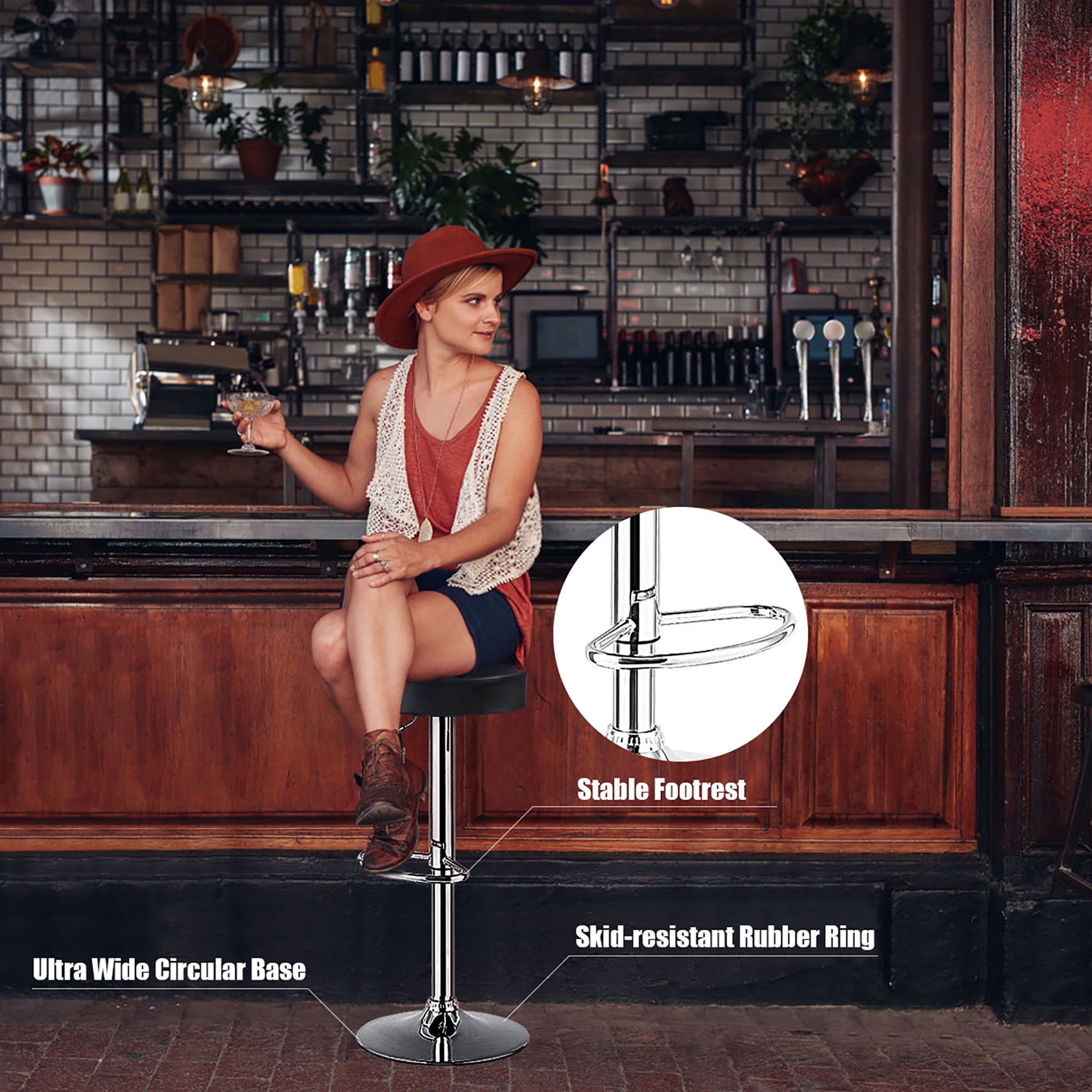 Costway 1 PC Round  Backless Bar Stool Adjustable Swivel Pub Chair U Leather with Footrest Black