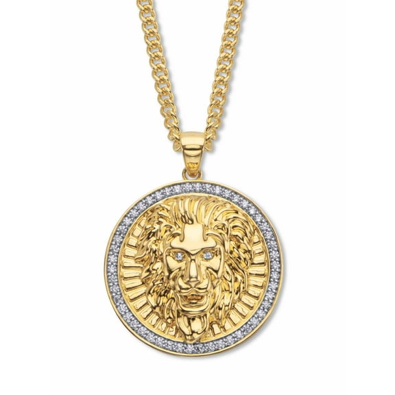 PalmBeach Jewelry Round White Endless Cubic Zirconia Lion Head Pendant 24" Length Curb-Link Chain 1.02 TCW 14k Gold-Plated