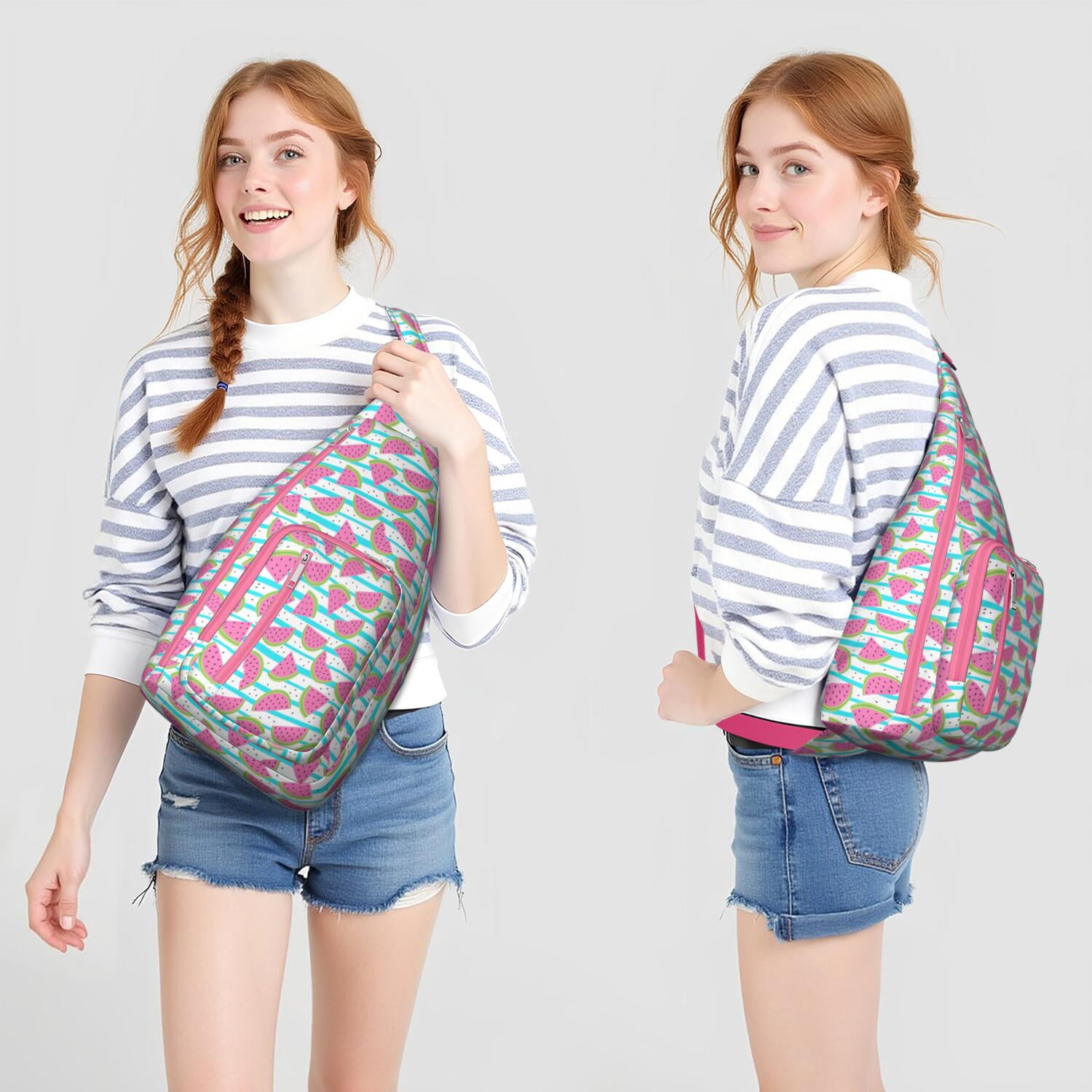 Summer Fresh Watermelon Print Sling Bag – Tear-resistant Organizer Chest Bag, Unisex Geometric Pattern Bag for Gym, Running and Daily Commute