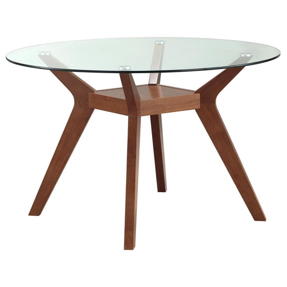 FurniFact Sophisticated Round Dining Table with Clear Glass Top and Nutmeg Wood Base