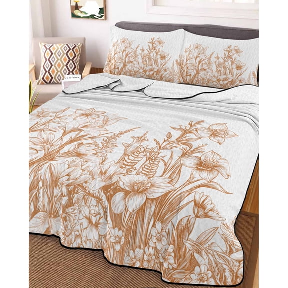 Wildflower Leaf Full Size Down Alternative Comforter, Lightweight Comforter Quilt Bedding Set with Pillow Shams Brown Floral Botanical White Watercolor All Seasons Bed Comforter Duvet Insert 78"x90"