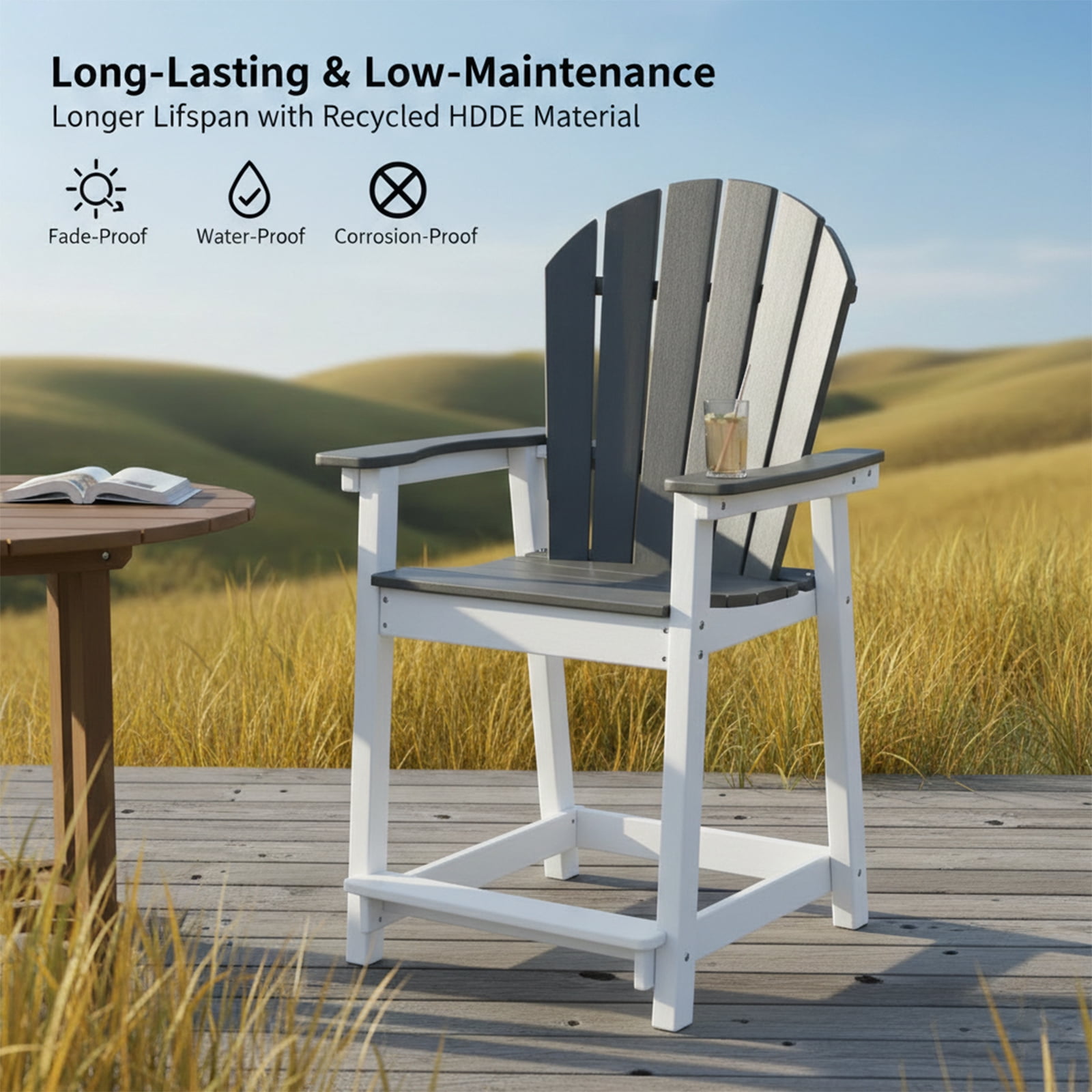 OTSUN Tall Modern Adirondack Chair, All Weather HDPE Bar Height Adirondack Stools Two-Color Widened Durable Design for Porch Patio Yard Lawn Fire Pit Bistro Basement Indoors & Outdoors