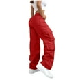thumbnail image 4 of Cargo Pants for Women High Waisted Hiking Pants Baggy Stretchy Wide Leg Y2K Streetwear with Pockets Red M, 4 of 8