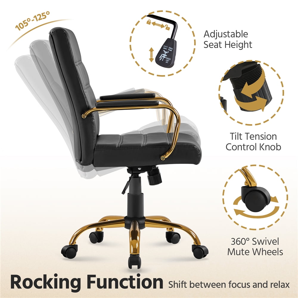 Yaheetech Mid Back Office Desk Chair with Gold Frame and Height Adjustable Seat, Black