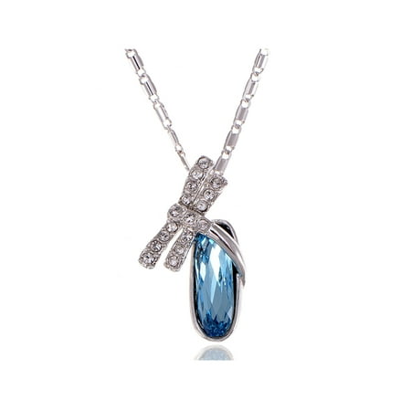 Crystal Egg Pendant - Indicolite Tone Crystal Elements Dragonfly Egg Rhinestone Necklace