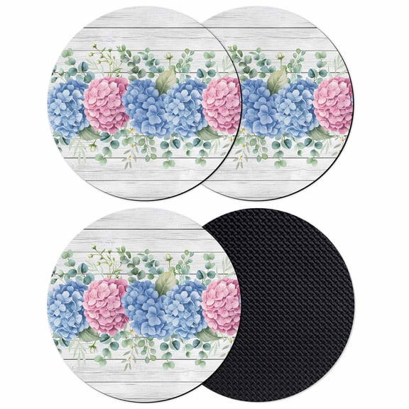 Blue Pink Hydrangea Coasters Set of 4, Absorbent Coasters for Drinks, Eucalyptus Leaves Wooden Summer Botanical Coaster for Desk Coffee Table Protection, Home Decor House Warming Gifts 4"
