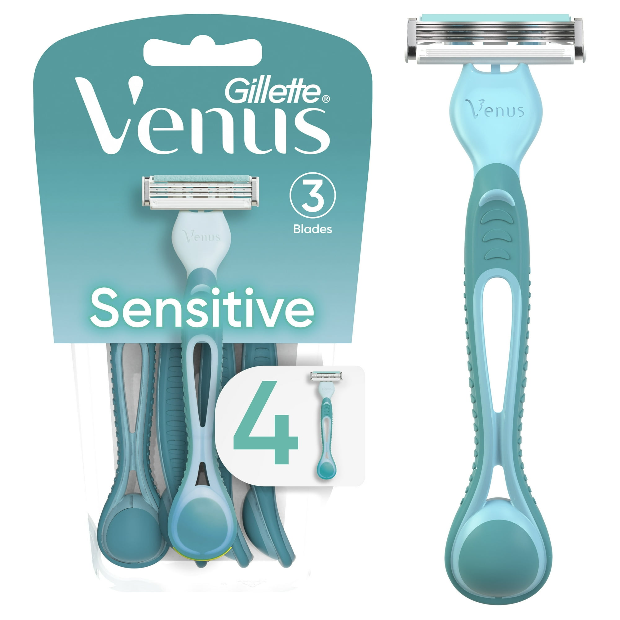 Venus Simply 3 Sensitive Women's 3 Blade Disposable Razor, 4 count, Blue