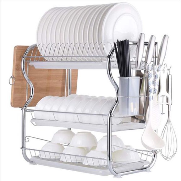 SHCKE Dish Drying Rack 3 Tier Dish Rack with Utensil Holder Cutting Board Holder Drain Board Anti Rust Large Dish Drainer Shelf for Kitchen Countertop Silver