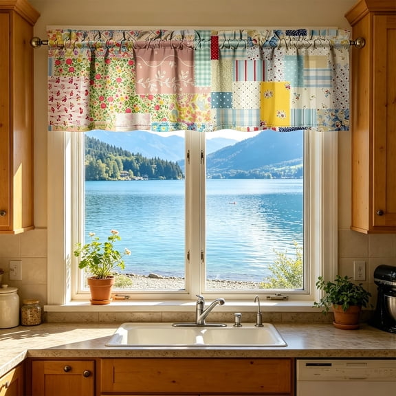 2D Print Kitchen Short Curtain, Washable Decorative Half Window Curtain, Waterproof Light Filtering for Home Cafe Style(A)