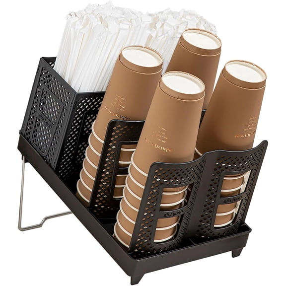 6 Slots Cup and Lid Holder, Countertop Disposable Coffee Cup Dispenser with Straw Organizer & Adjustable Stand, Multifunctional Cup Organizer for Home Office Coffee Station Restaurant Breakroom