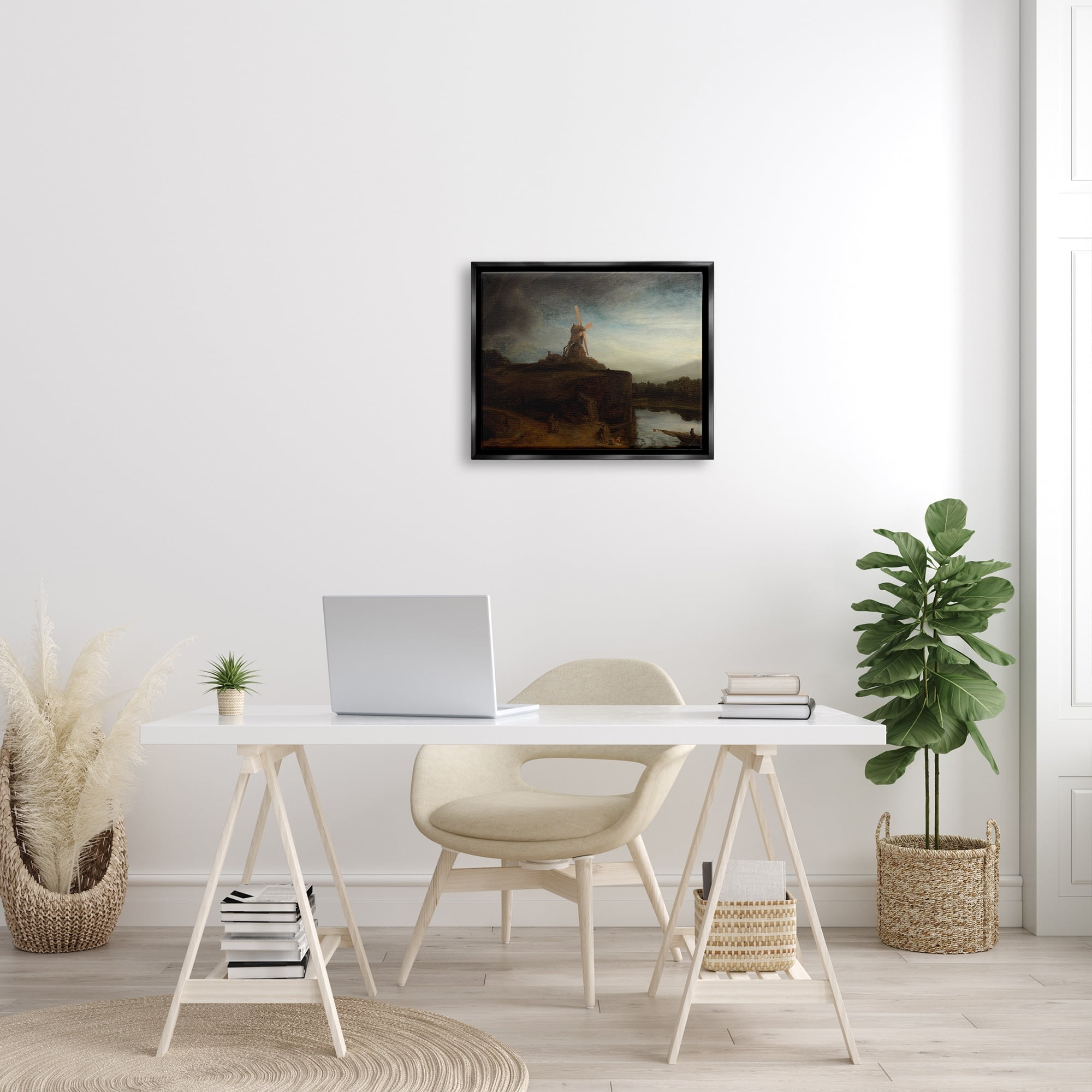 Stupell Industries The Mill Rembrandt van Rijn Classical Landscape Painting Painting Jet Black Floating Framed Canvas Print Wall Art, Design by one1000paintings