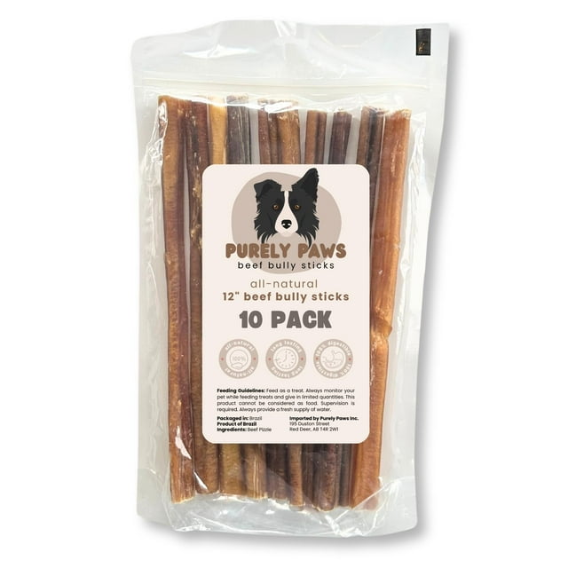Purely Paws All-Natural Beef Bully Sticks - Very Thick, Safe, Digestible Dog Chews - Long-Lasting, Low-Odour, Rawhide Free (12 inch, 10 Count)
