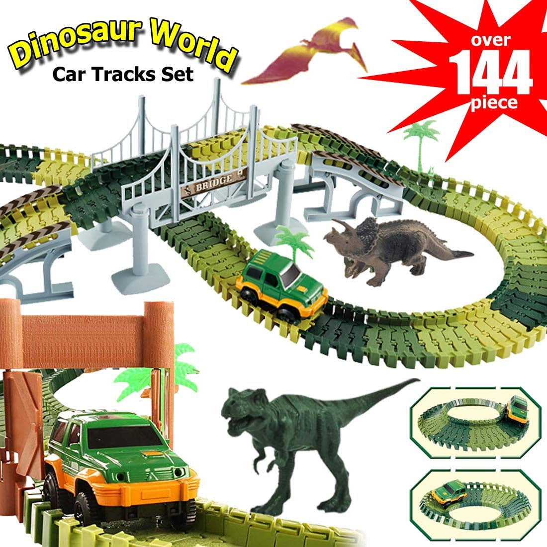 52 PCS Variety Assembly Flexible Train Track with Electric Vehicle Playset for 3 4 5 6 Year Old Boys Girls Toddlers Birthday Gifts COGO MAN Dinosaur Toys Race Car Track Set
