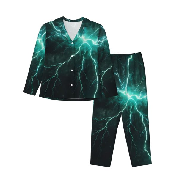 Balery Green Lightning Flash Conjunto de Pijama con Estampado para Mujer, Conjunto de Dos Piezas con Manga Larga, Ropa de Dormir Suave con Bolsillos, Pijamas Cómodos-Medium