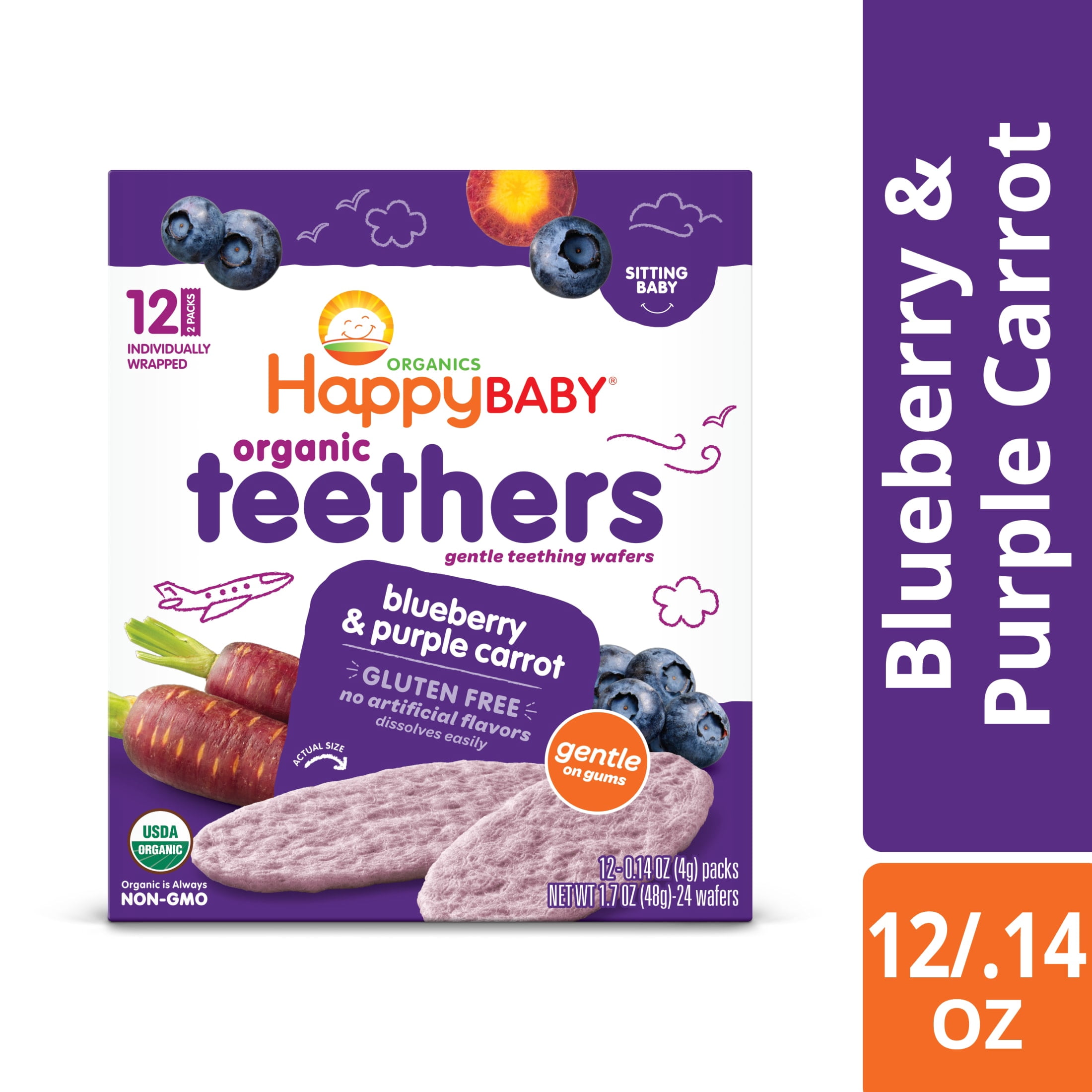 (2 pack) Happy Baby, Baby Wafers, Gluten Free, Blueberry & Purple Carrot, 12-2 Packs (24 wafers)