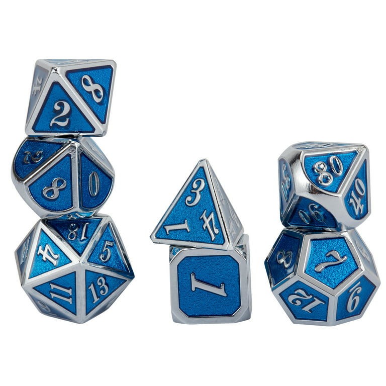 SHCKE Metal DND Dice Set Alloy Polyhedral Dice Set 7 pcs Blue Surface with  Sliver Number for Dungeons and Dragons RPG Role Playing Games 