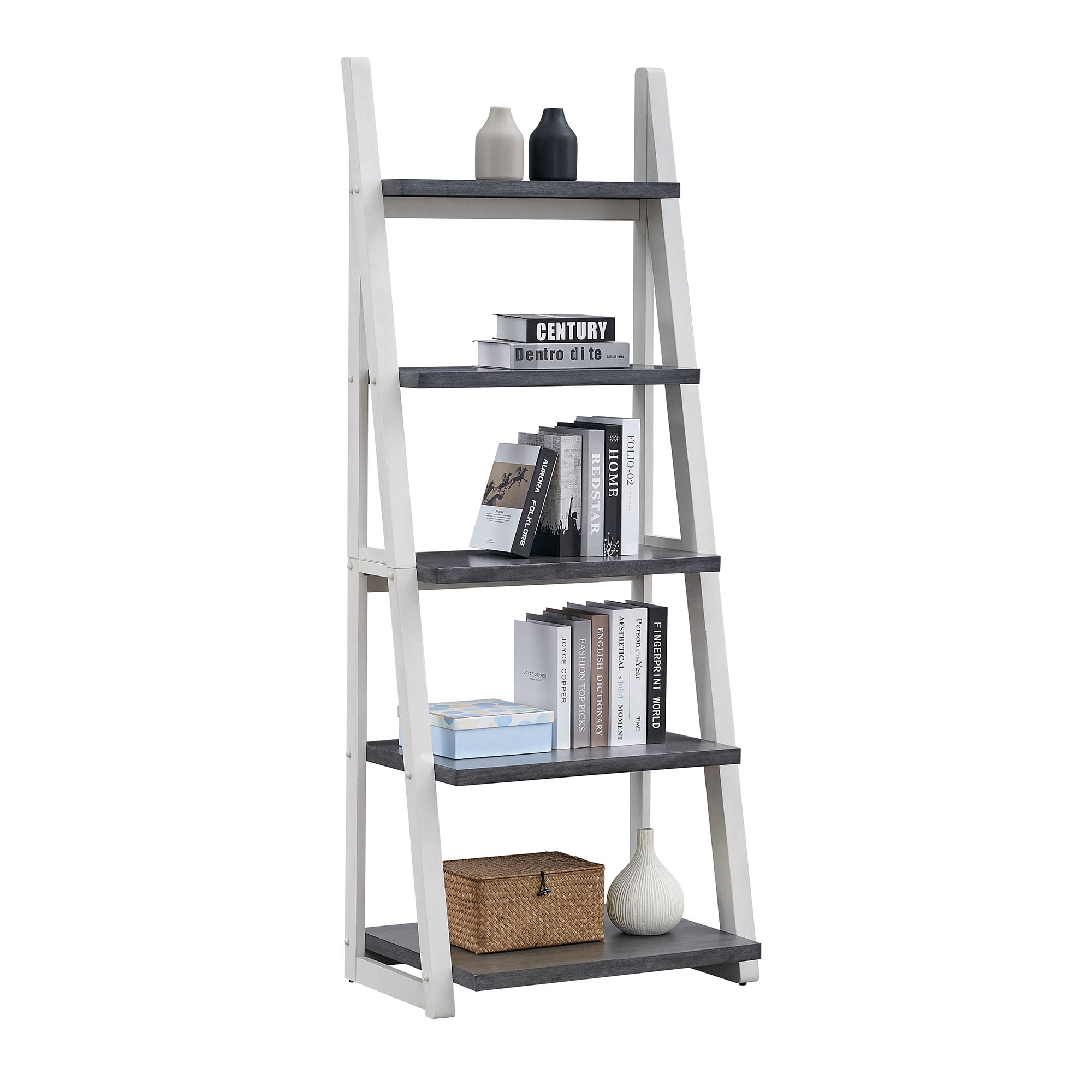 5-Tier Shelves Bookshelf, Storage Rack, Bookcase with Rubber Wood Frame, Ladder Shelf for Living Room, Home Office, Kitchen, Bedroom, Apartment