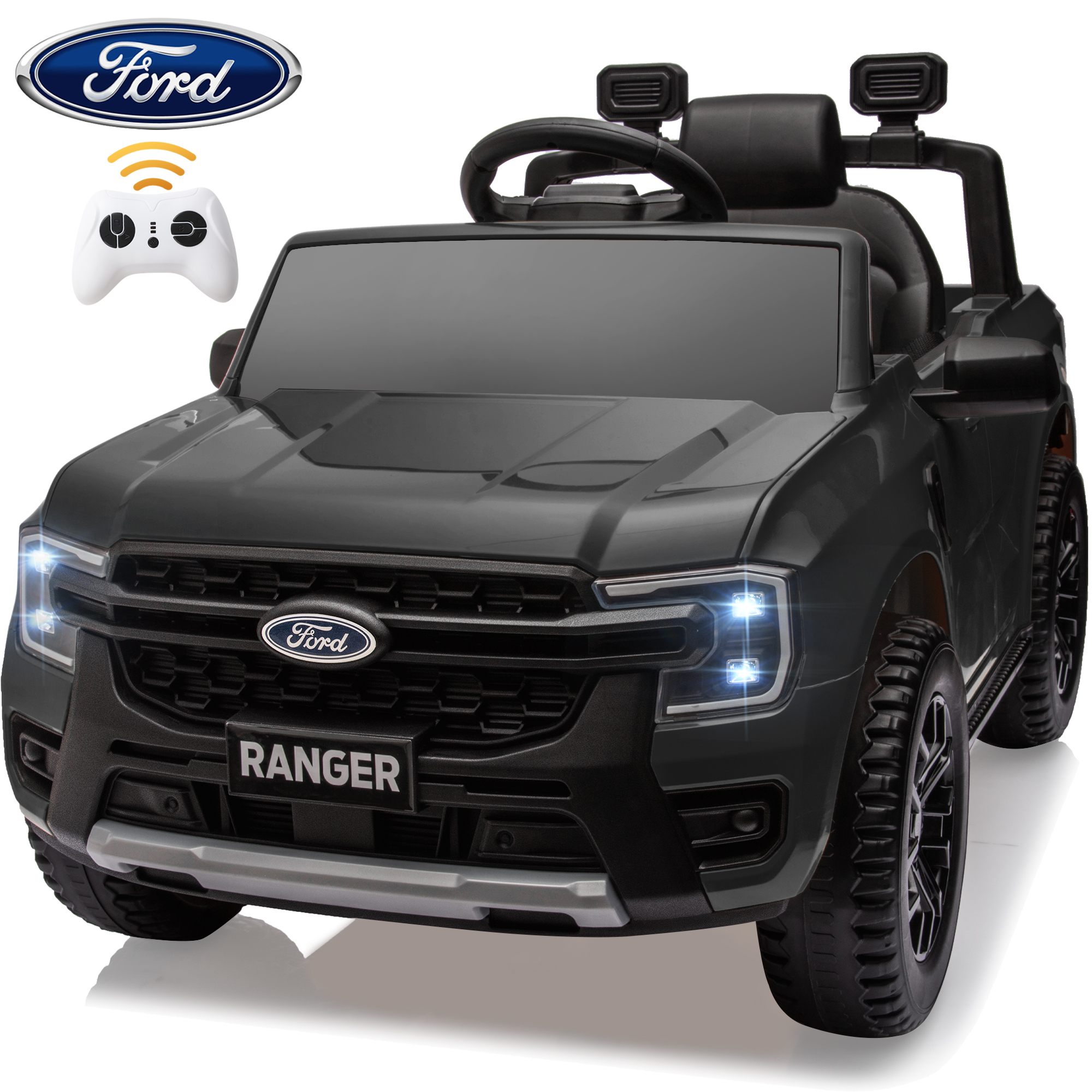 12V Powered Ride on Truck, Ford Ranger Ride on Toy Cars with Remote Control, Rear Wheels Suspension, Safety Belt, MP3 Player, Electric Ride on Cars for Kids Boys Girls 3-6 Ages, Black