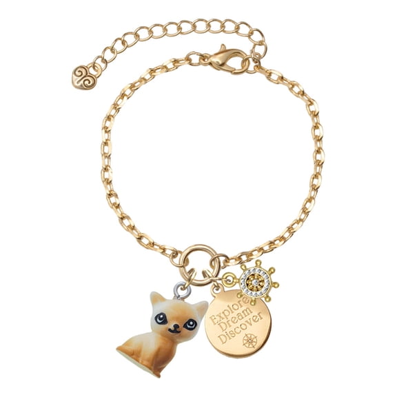 Delight Jewelry Resin Siamese Cat Goldtone Discover Dream Explore Zoey Charm Bracelet, 6.5 2" Extender