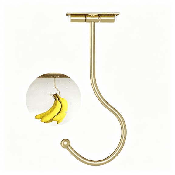 XIBUFE Gold Banana Hanger Hook Under Cabinet: Adhesive Banana Holder,Foldable with Magnets When Not in Use,Under Counter Banana Hook,Stainless,Hold 13 LB