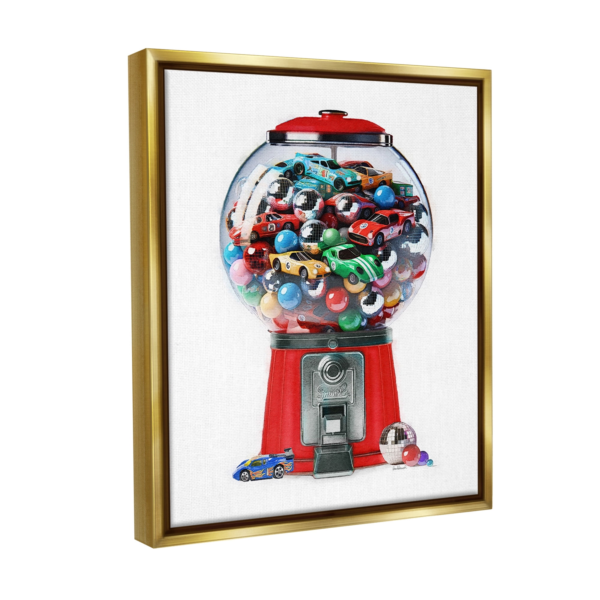 Stupell Industries Race Car Candy Dispenser Transportation Painting Gold Floater Framed Canvas Art Print Wall Art, 17 x 21