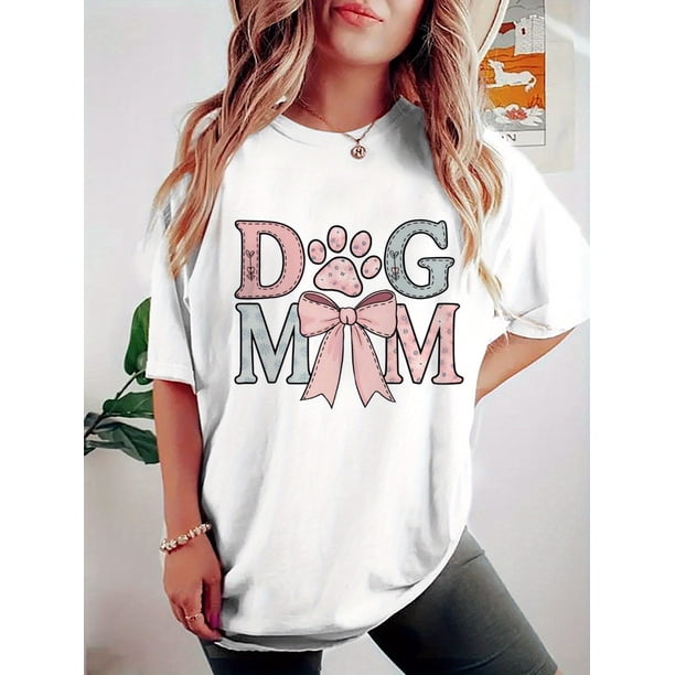 Dog Mom Graphic Crew-Neck T-Shirt for Women - Casual Regular Size Tee with Short Sleeves, Bow & Paw Print Design, Perfect for Mother's Day, All Seasons, and Casual Attire