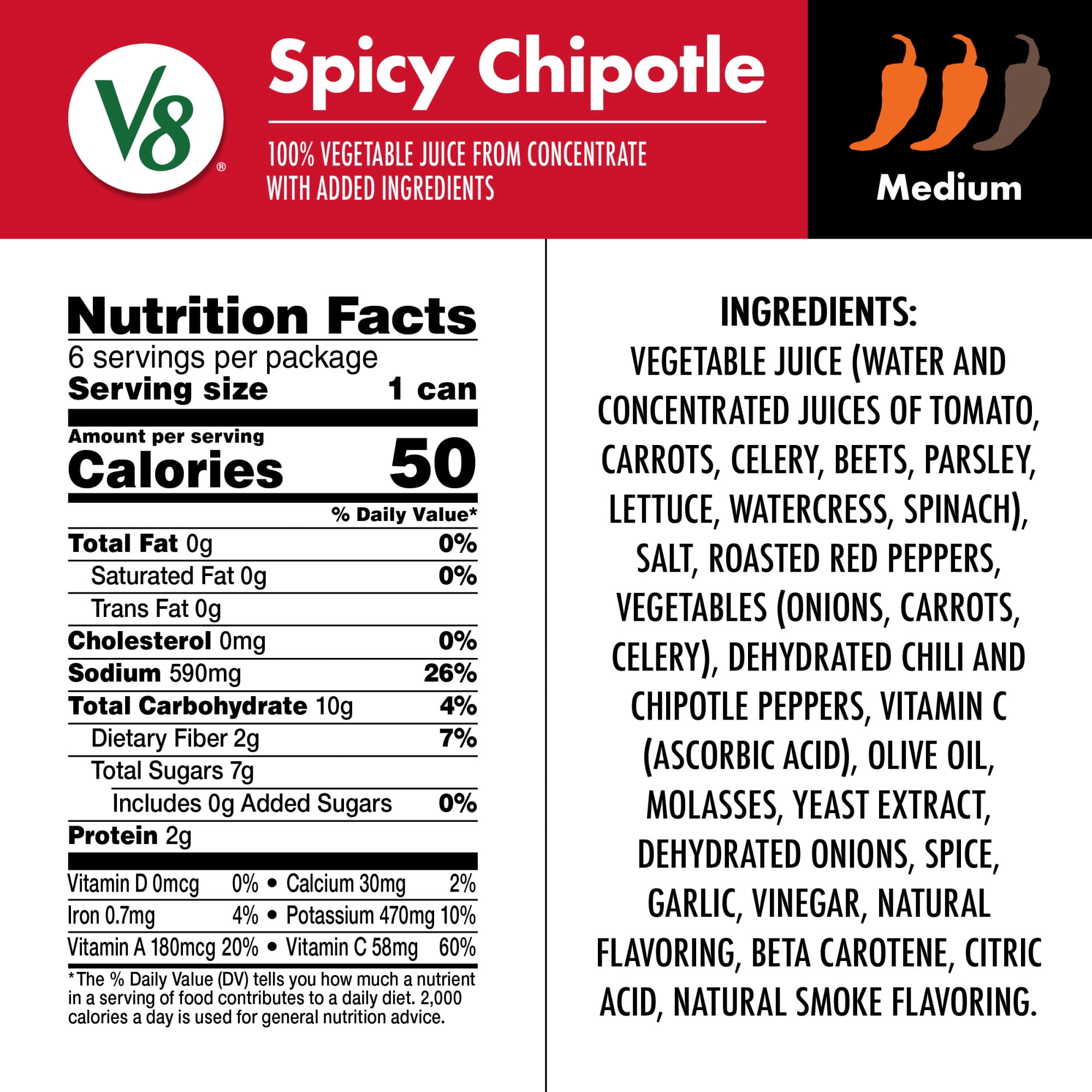 V8 Spicy Chipotle 100% Vegetable Juice, 8 fl oz Can (6 Pack)