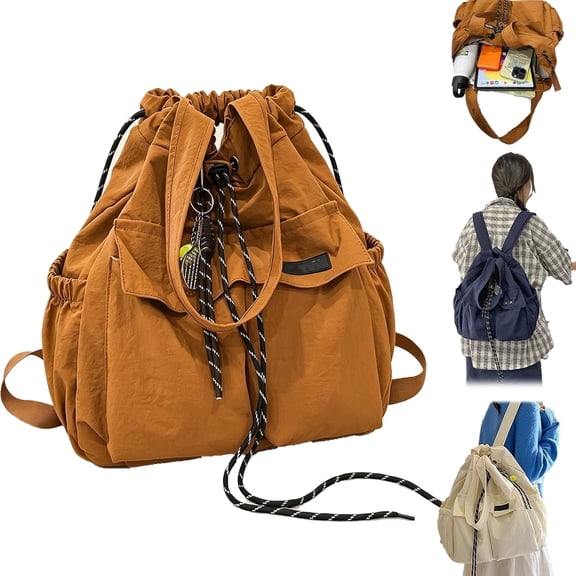Large-Capacity Drawstring Convertible Tote Backpack,Lightweight Nylon Multi-Compartment with Anti-Theft Pocket,Solid-Color Shoulder Bag for Work Travel Shopping (Caramel)