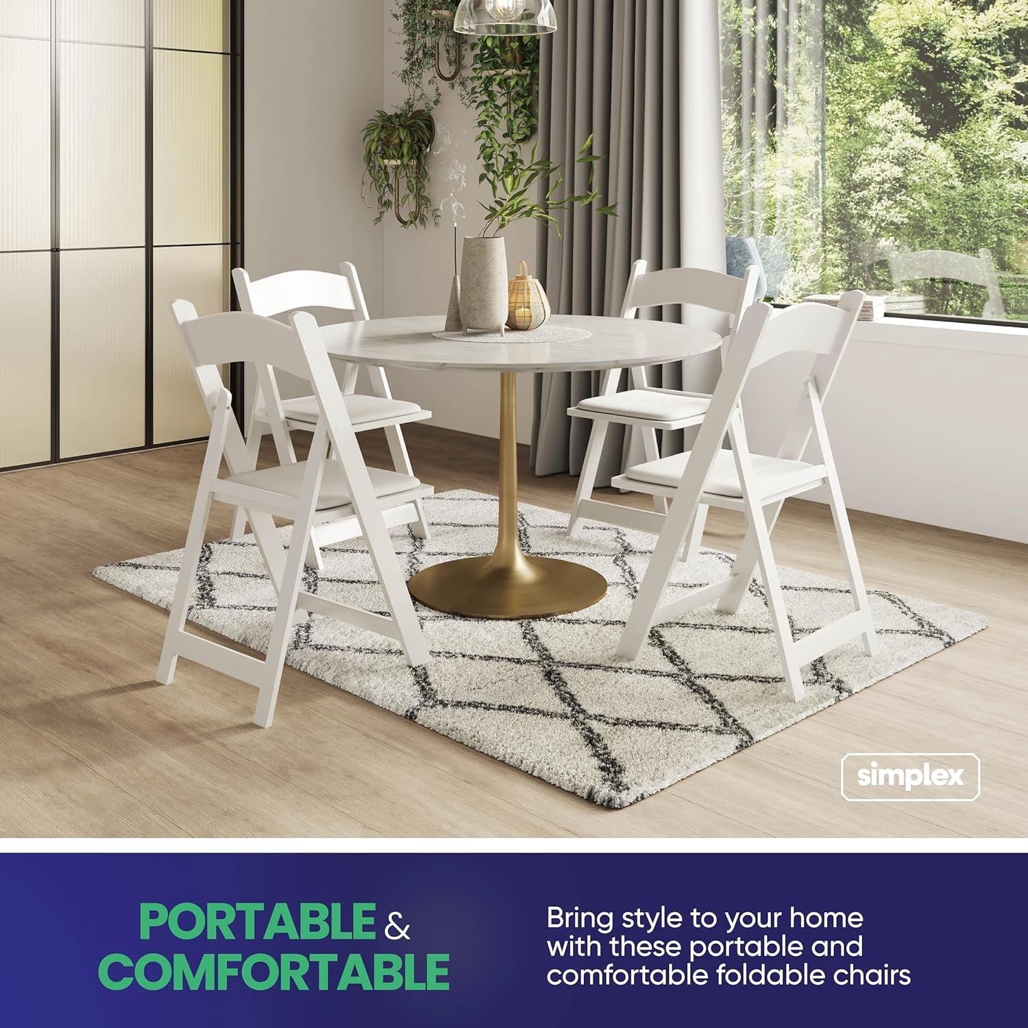 Simplex Furniture New Resin Stackable Chairs Indoor & Outdoor White Folding Chairs, 4-Pack