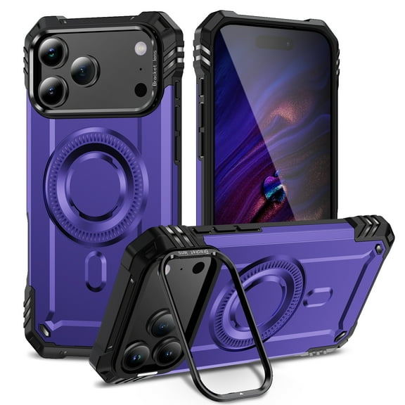 For iPhone 17 Pro Max Case with Camera Ring Stand, [Compatible with MagSafe] [Built-in Lens Ring Kickstand] Heavy Duty Rugged Shockproof Durable Anti-Scratch Magnetic Phone Case,Purple