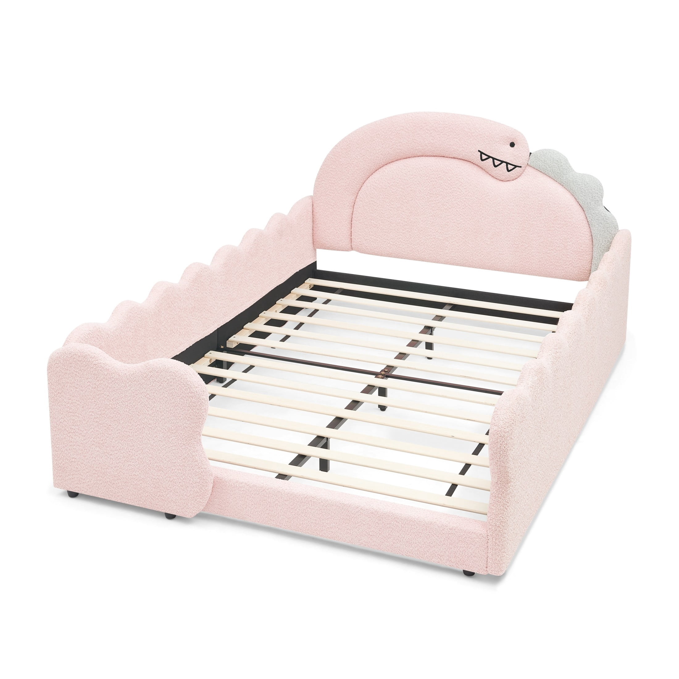 GDF Studio Full Size Cute Dinosaur Bed with Safety Guardrails & Solid Wood Frame, Boucle Fabric Upholstered Bed, Pink