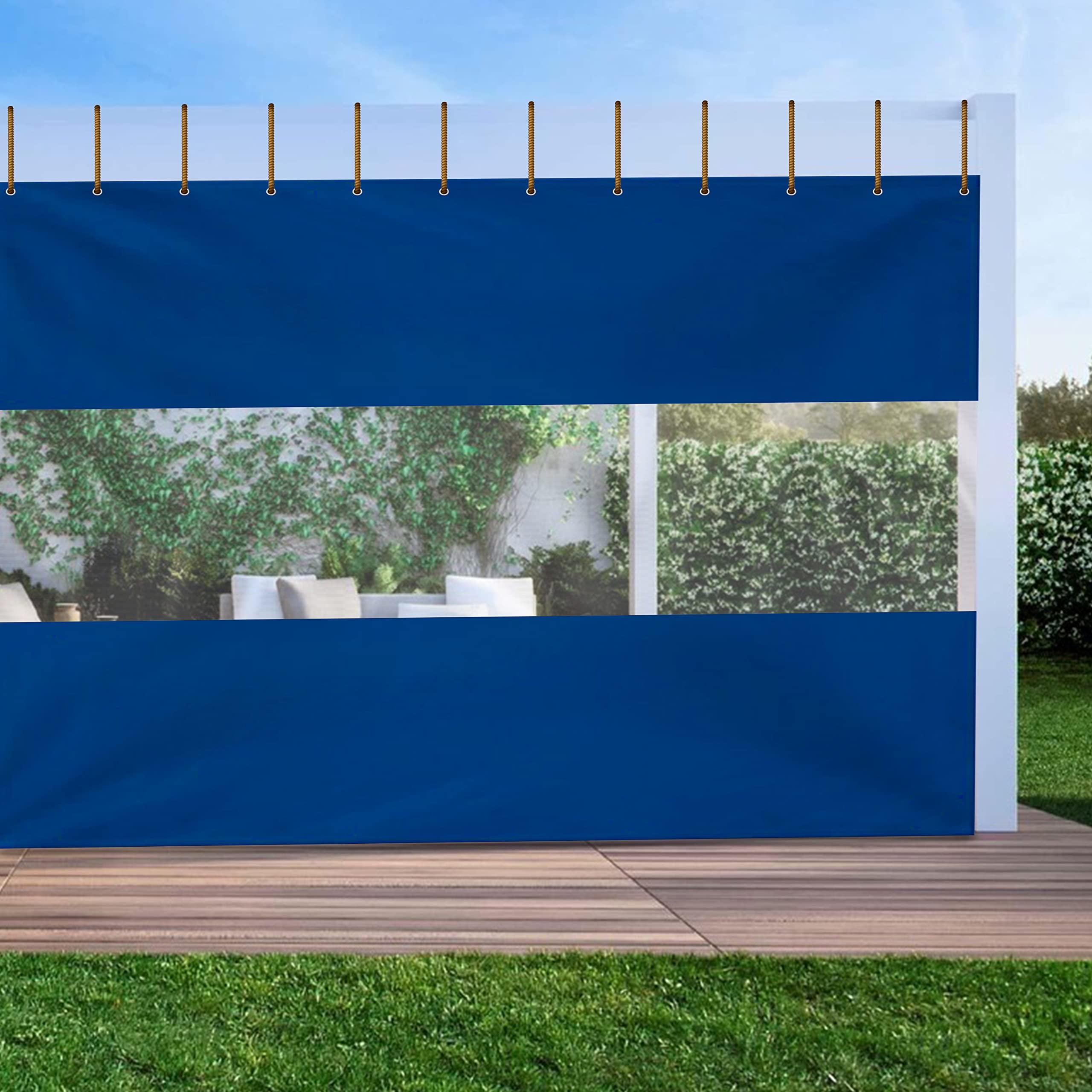 Covers & All Outdoor Curtains for Patio Waterproof, 18 oz PVC Polyester Tear and UV Resistant Clear Panel Curtain Featuring Rust-Free Grommets, Ideal for Patios, and Pergolas (9H x 15W feet, Blue)
