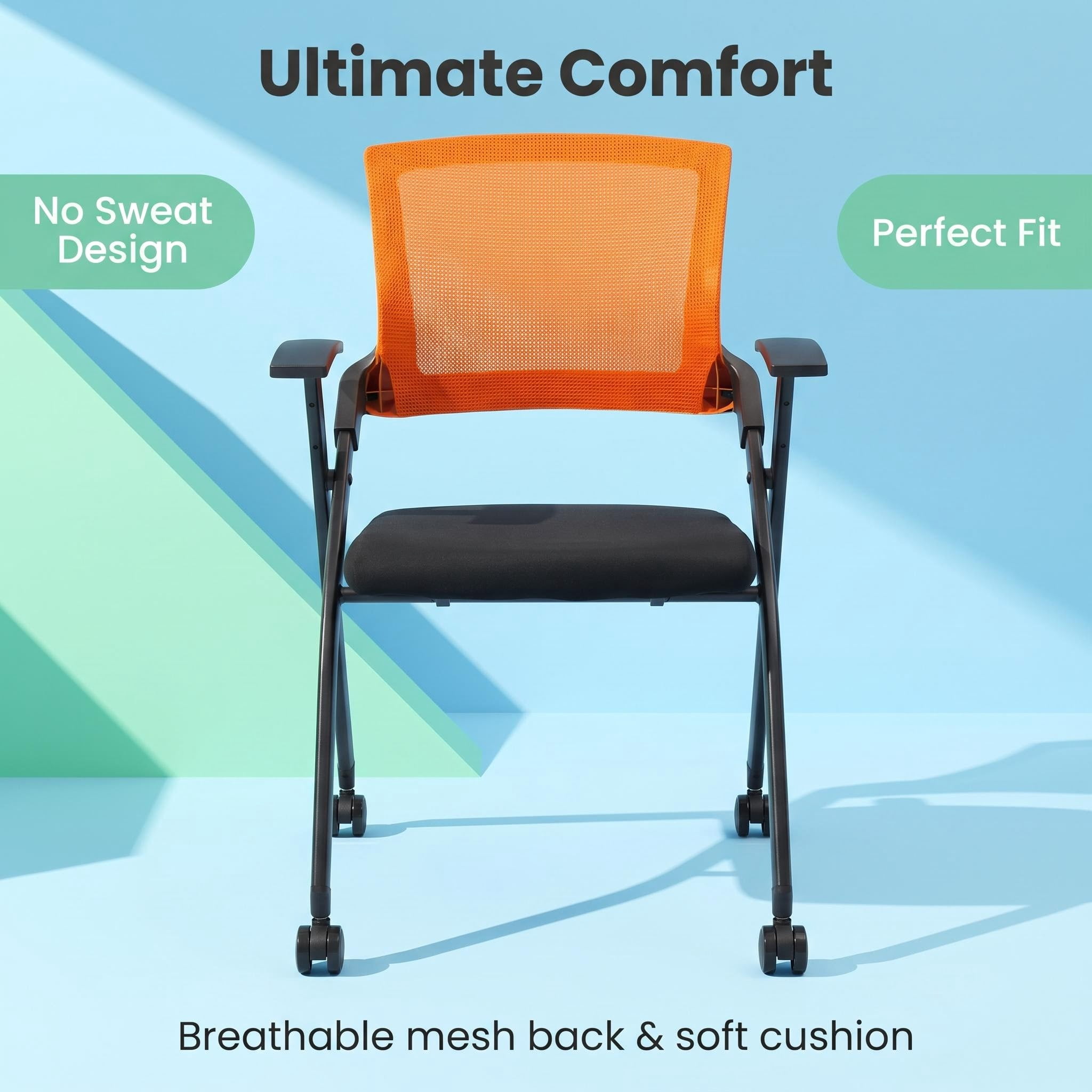 2 Pack Stackable Conference Room Chairs with Wheels, Folding Office Chair with Rebound Back, Padded Seat for Training Room, Guest, Reception, Event, Capacity 350lbs, Orange
