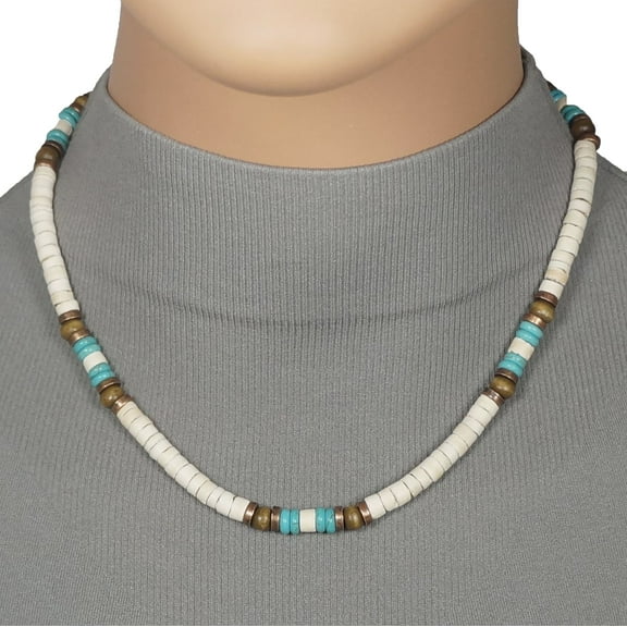 Unisex Handmade White Coco Shell with Turquoise and Copper Bead Necklace – 18 inch