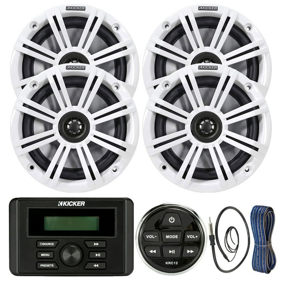 Kicker Weather-Resistant Marine Bluetooth USB RCA Stereo Receiver w/Remote Bundle with (QTY 4) 6.5" 2-Way 195W Max Coaxial Marine Speakers, White Grilles, 50-Ft Wire, Antenna