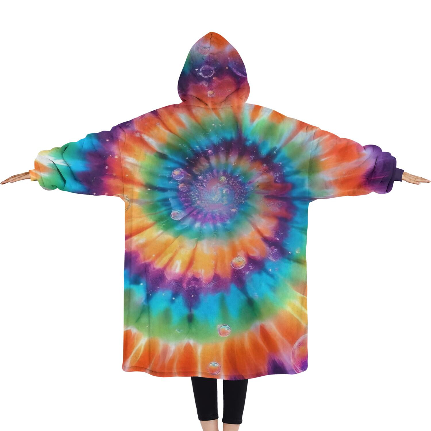 Oversized Wearable Blanket Hoodie,Rainbow Tie Dye Mandala Pattern Sherpa Blanket Hoodie with Super Pockets,Super Warm Fuzzy Pullover for Women & Men