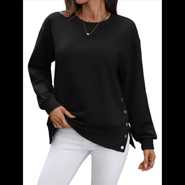 Sudadera Informal de Cuello Redondo para Mujer, Holgada, Suave y de Larga. Negro L