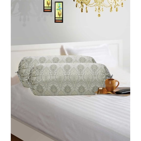 Stylo Culture Ethnic Decorative Brocade Bolster Pillow Covers Grey Damask Silk Jacquard Weave Round Meditation Pillow Traditional Floral Cylindrical Cushion Covers - (76x38 cm) | Set of 2 Pcs