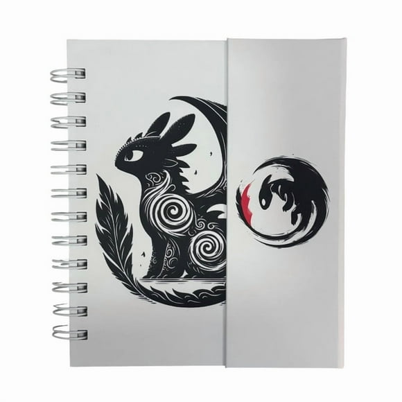 Libreta de tapa dura laminado liso con espiral metálico en la lateral con solapa protectora, Dragón Chimuelo color blanco