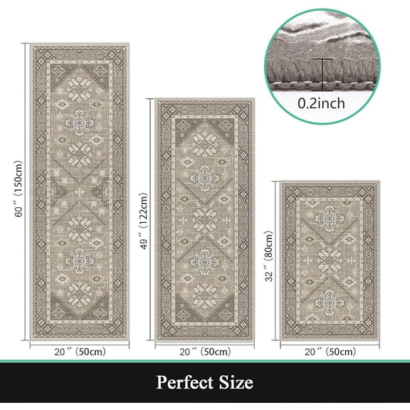 Boho Kitchen Rugs Sets of 3 Non Slip Washable Kitchen Mats for Floor Vintage Kitchen Rugs and Mats Waterproof Kitchen Floor Mat Carpet Runner Rugs for Hallway, Kitchen, Laundry, Holiday Decor Beige
