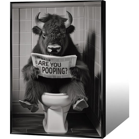 Funny Bathroom Canvas Wall Art Highland Cow Sitting On The Toilet Reading A Newspaper Posters Modern Black And White Cute Picture Prints For Restroom Bathroom Washroom 8x12in Unframed