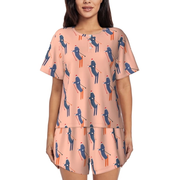 Fotbe Winter Skiing Adventure Conjunto de Pijama Estampado para Mujer, 2 Piezas, Ropa de Dormir con Camiseta de Manga Corta y Shorts Suaves-Medium