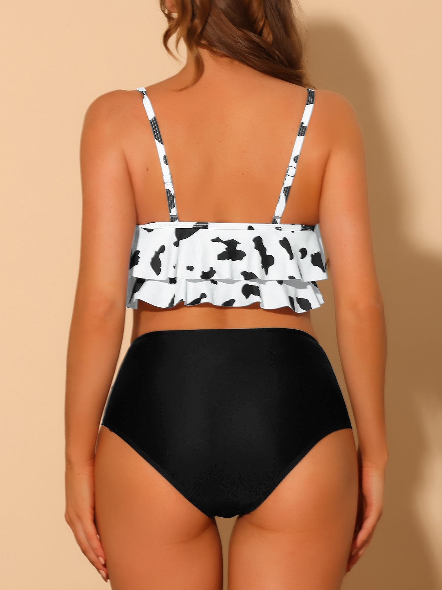 DARING DIVA 2 Pieces Tankini Cow Print Ruffled Tank Top Bikini Sets XL Black