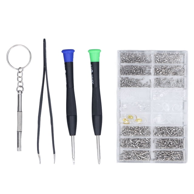 Kit de reparación de gafas, tornillos pequeños de acero inoxidable para gafas de sol, destornillador y pinzas para relojes y gafas.