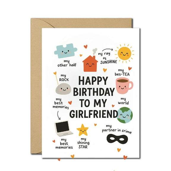 Happy Birthday Card for Girlfriend - Cute Illustrated Greeting Card with Envelope - Perfect for Celebrations