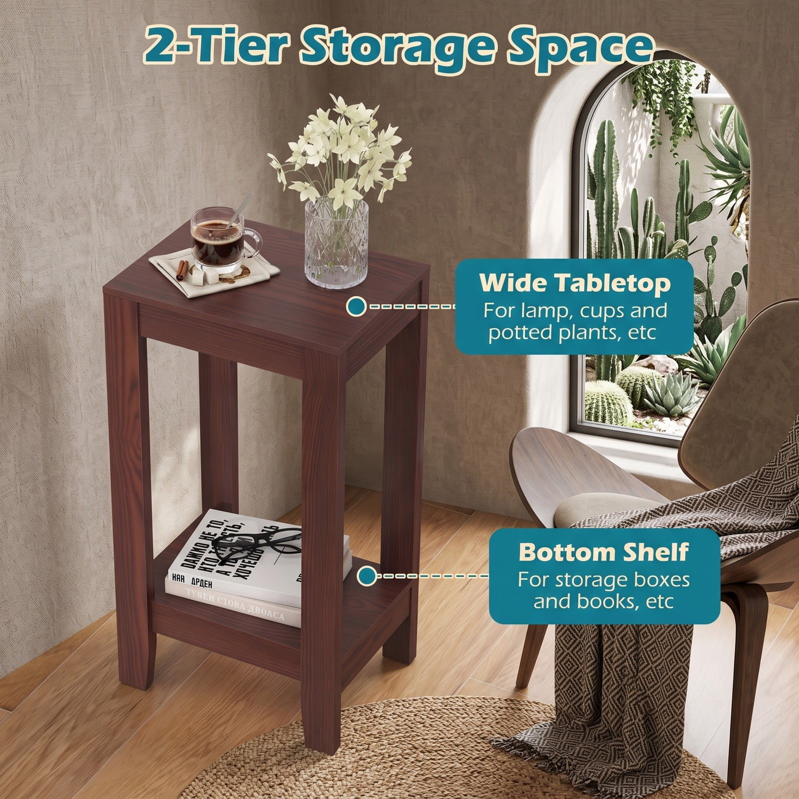 Furnibear Set of 2 2-Tier End Tables with Storage Shelf, Compact Wood Side Table Nightstand for Living Room Bedroom Small Spaces, Sofa Couch Bedside Accent, Brown