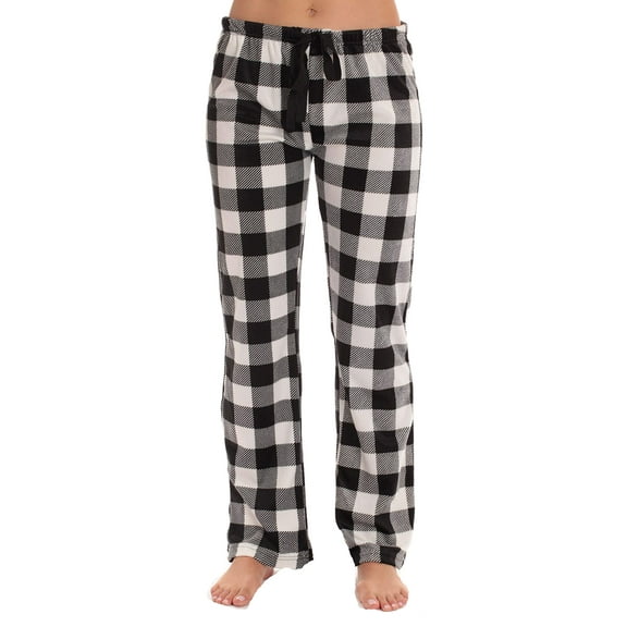 #followme Silky Fleece Buffalo Plaid Pajama Pants for Women (White Buffalo Plaid, Medium)